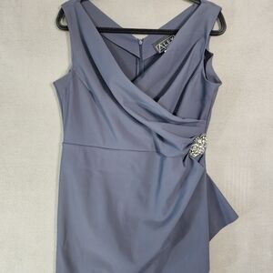 Alex Evenings Womens 16 Vneck Dress Coquette Navy Blue Cap Sleeve Brooch